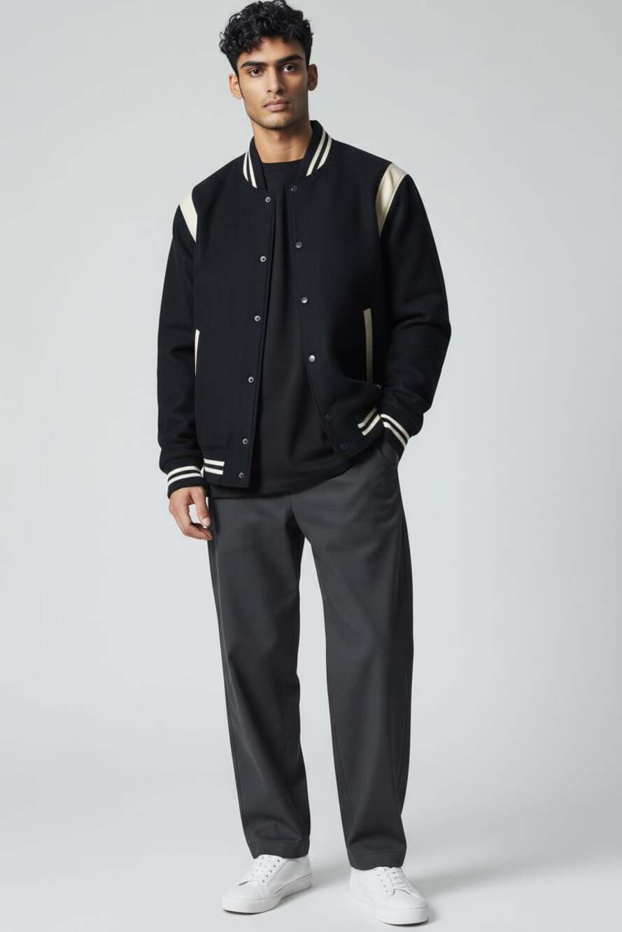 Hudson Black Varsity Jacket Men L Wool Bomber NWT $248 Street Academia